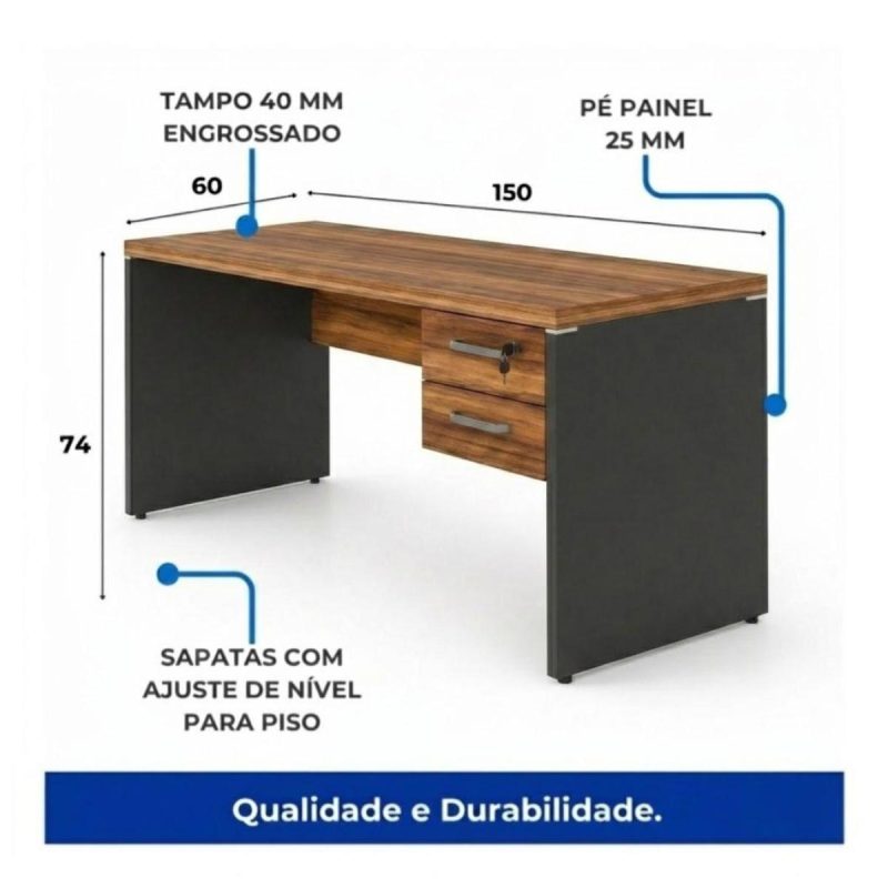 Móveis para Escritório Mesa para Computador 150cm Robusta Tampo 40mm  e Gavetas - Escrivaninha de Trabalho e Estudo -  Sevilha / Preto - 21473