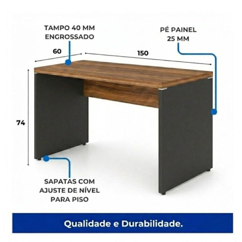 Móveis para Escritório Mesa para Computador 150cm Robusta Tampo 40mm - Escrivaninha de Trabalho e Estudo -  Sevilha / Preto - 21472