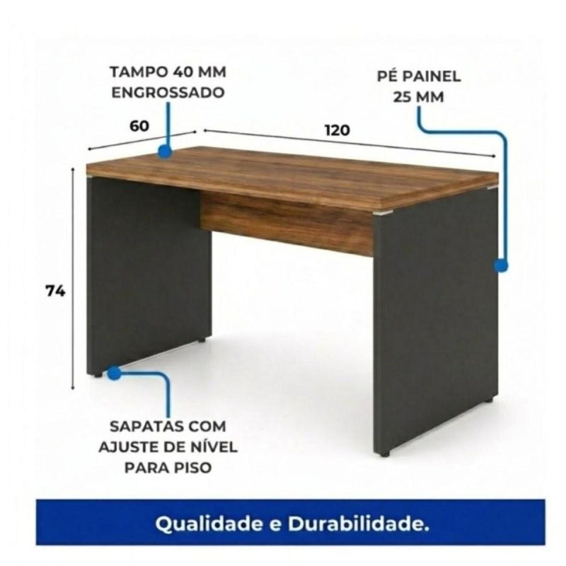 Móveis para Escritório Mesa para Computador 120cm Robusta Tampo 40mm - Escrivaninha de Trabalho e Estudo - Sevilha / Preto - 21469