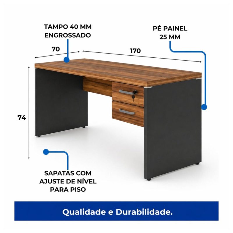 Móveis para Escritório Mesa para Computador 170cm Robusta Tampo 40mm  e Gavetas - Escrivaninha de Trabalho e Estudo -  Sevilha / Preto - 21475