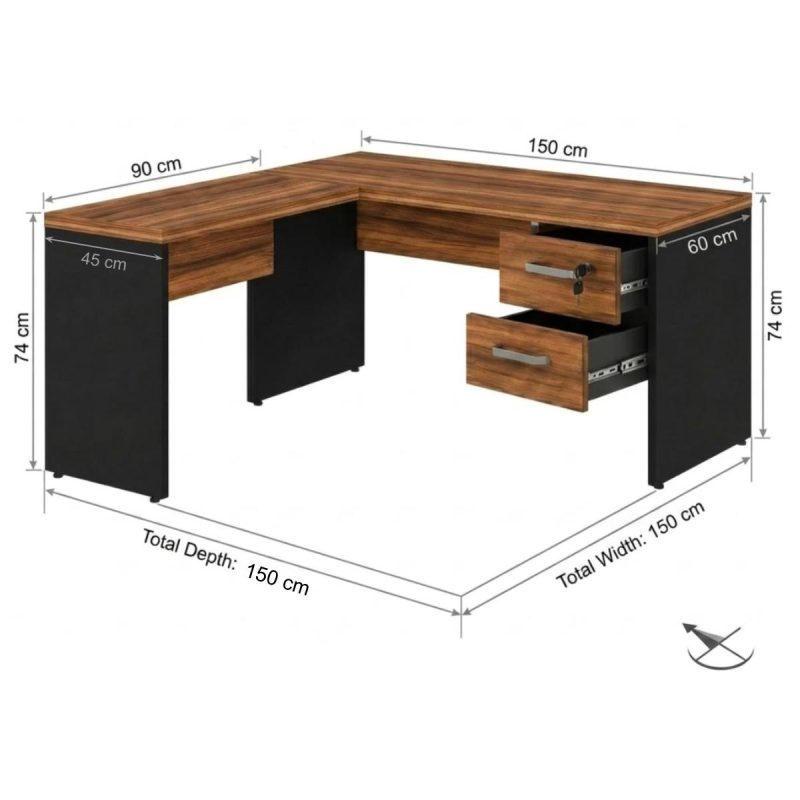Móveis para Escritório Mesa de Escritório em L com Gaveteiro e Chave – Móvel Organizador Premium - Nogal Sevilha / Preto - 21477