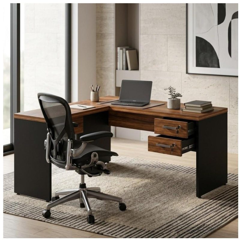 Móveis para Escritório Mesa de Escritório em L com Gaveteiro e Chave – Móvel Organizador Premium - Nogal Sevilha / Preto - 21477