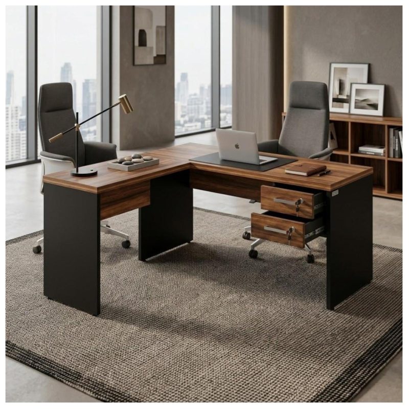 Móveis para Escritório Mesa de Escritório em L com Gaveteiro e Chave – Móvel Organizador Premium 1,70 - Nogal Sevilha / Preto - 21479