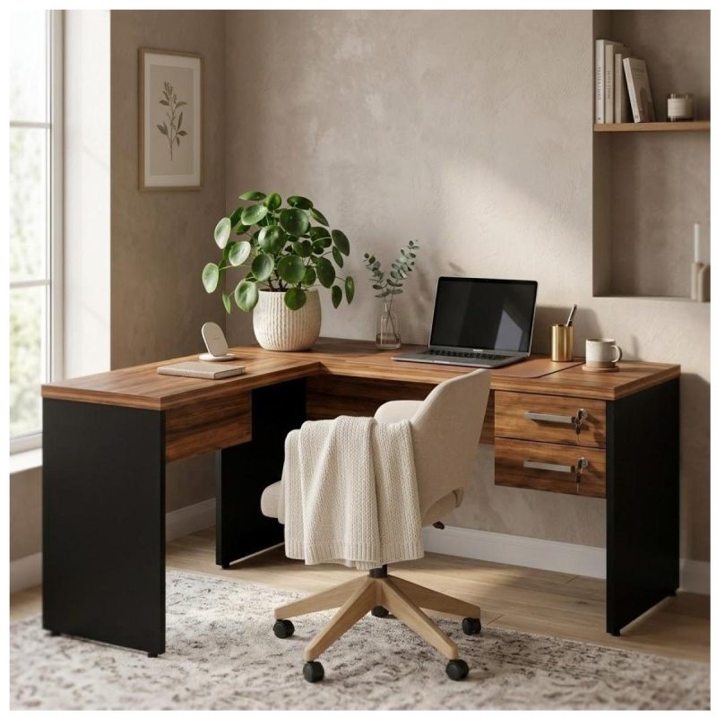 Móveis para Escritório Mesa de Escritório em L com Gaveteiro e Chave – Móvel Organizador Premium - Nogal Sevilha / Preto - 21477