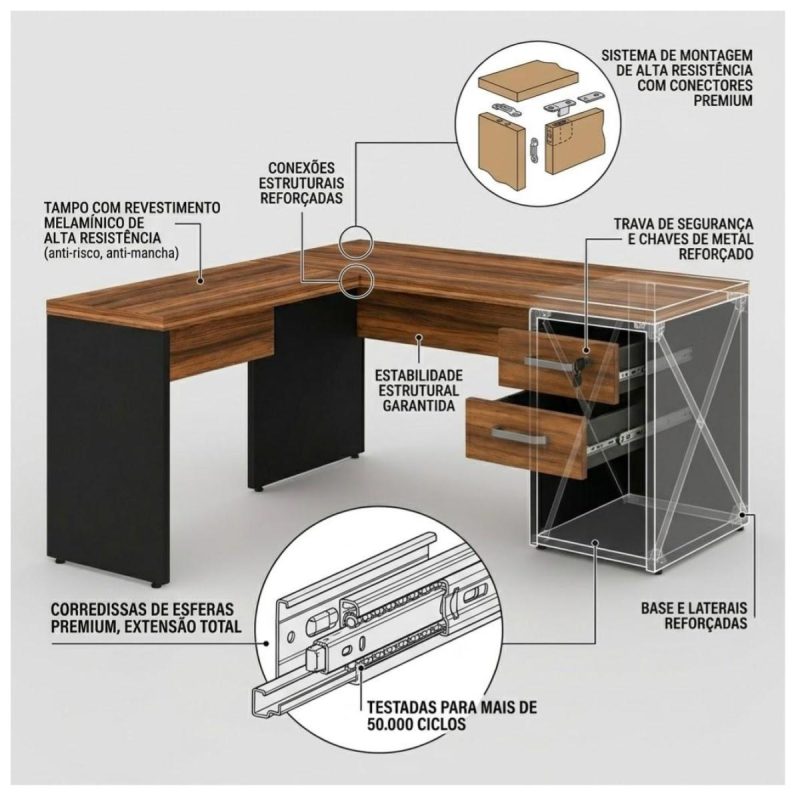 Móveis para Escritório Mesa de Escritório em L com Gaveteiro e Chave – Móvel Organizador Premium - Nogal Sevilha / Preto - 21477