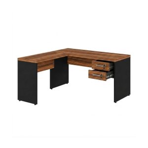 Mesa de Escritório em L com Gaveteiro e Chave – Móvel Organizador Premium - Nogal Sevilha / Preto - 21477