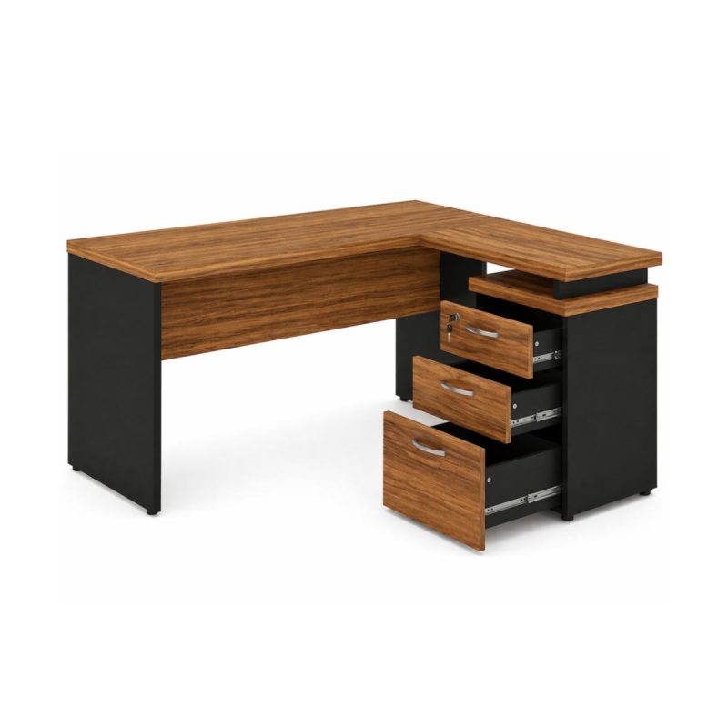 Móveis para Escritório Mesa de Escritório em L com Gaveteiro e Chave Móvel Organizador 150x150cm - Nogal Sevilha / Preto - 21416