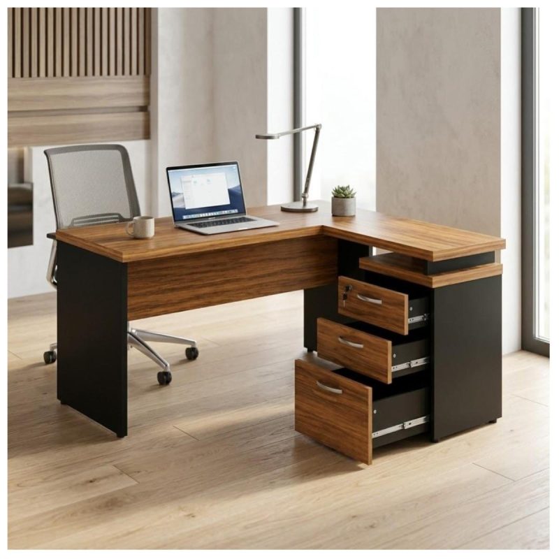 Móveis para Escritório Mesa de Escritório em L com Gaveteiro e Chave Móvel Organizador 150x150cm - Nogal Sevilha / Preto - 21416