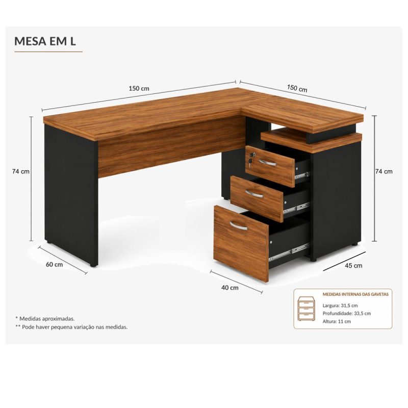 Móveis para Escritório Mesa de Escritório em L com Gaveteiro e Chave Móvel Organizador 150x150cm - Nogal Sevilha / Preto - 21416