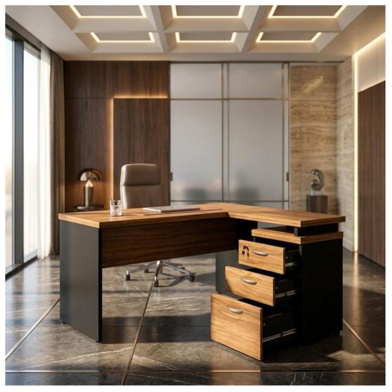 Móveis para Escritório Mesa de Escritório em L com Gaveteiro e Chave Móvel Organizador 170x160cm - Nogal Sevilha / Preto - 21423