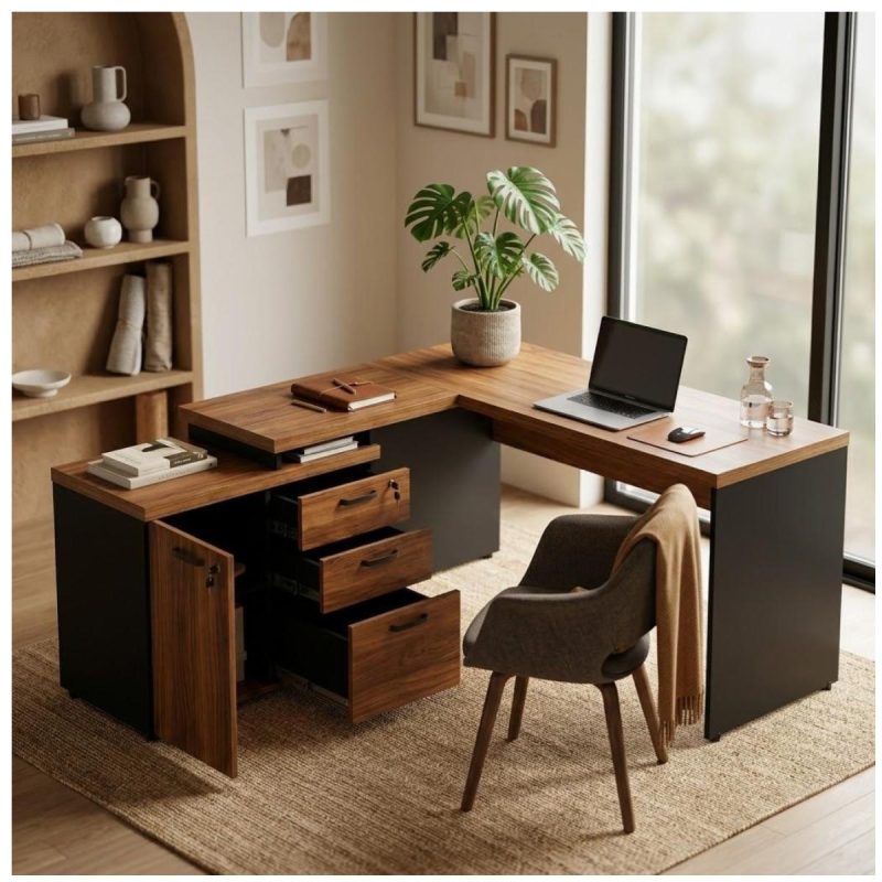 Móveis para Escritório Escrivaninha em L com Gaveteiro e Armário Organizador Industrial Amadeirada 170cm - Nogal Sevilha / Preto - 20604