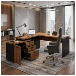 Móveis para Escritório Escrivaninha em L com Gaveteiro e Armário Organizador Industrial Amadeirada 170cm - Nogal Sevilha / Preto - 20604