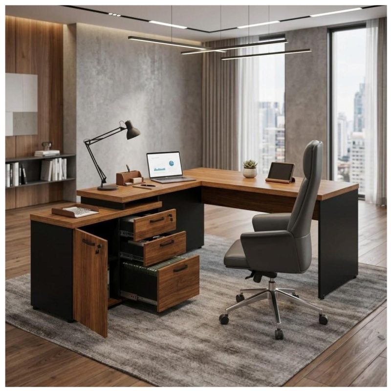 Móveis para Escritório Escrivaninha em L com Gaveteiro e Armário Organizador Industrial Amadeirada 170cm - Nogal Sevilha / Preto - 20604