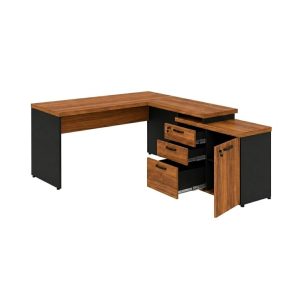 Escrivaninha em L com Gaveteiro e Armário Organizador Industrial Amadeirada 150cm - Nogal Sevilha / Preto - 20603