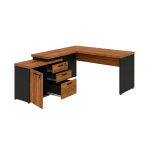 Móveis para Escritório Escrivaninha em L com Gaveteiro e Armário Organizador Industrial Amadeirada 150cm - Nogal Sevilha / Preto - 20603