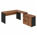 Móveis para Escritório Escrivaninha em L com Gaveteiro e Armário Organizador Industrial Amadeirada 150cm - Nogal Sevilha / Preto - 20603