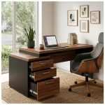 Móveis para Escritório Mesa de Escritório com Gaveteiro e Chaves 192cm | Móvel Organizador - Nogal Sevilha / Preto - 21405