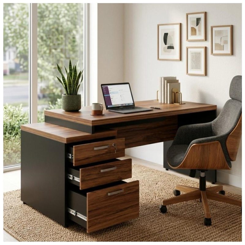 Móveis para Escritório Mesa de Escritório com Gaveteiro e Chaves 192cm | Móvel Organizador - Nogal Sevilha / Preto - 21405