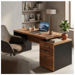 Móveis para Escritório Mesa de Escritório com Gaveteiro e Chaves 192cm | Móvel Organizador - Nogal Sevilha / Preto - 21405