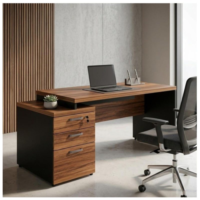 Móveis para Escritório Mesa de Escritório com Gaveteiro e Chaves 192cm | Móvel Organizador - Nogal Sevilha / Preto - 21405