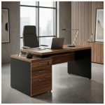 Móveis para Escritório Mesa de Escritório com Gaveteiro e Chaves 192cm | Móvel Organizador - Nogal Sevilha / Preto - 21405