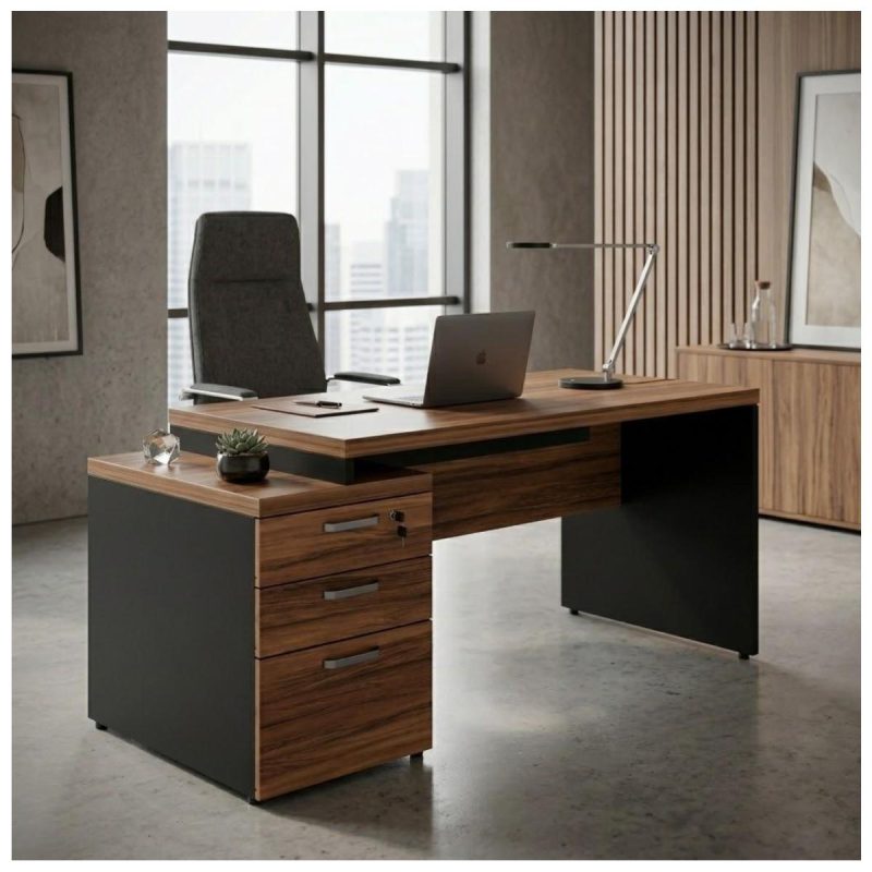 Móveis para Escritório Mesa de Escritório com Gaveteiro e Chaves 192cm | Móvel Organizador - Nogal Sevilha / Preto - 21405