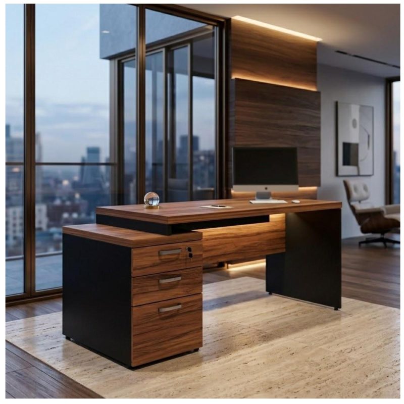 Móveis para Escritório Mesa de Escritório com Gaveteiro e Chaves 192cm | Móvel Organizador - Nogal Sevilha / Preto - 21405