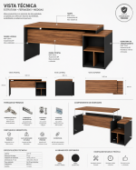 Móveis para Escritório Mesa de Escritório com Gaveteiro e Vidro Fumê 192cm | Móvel Organizador - Nogal Sevilha / Preto - 21399