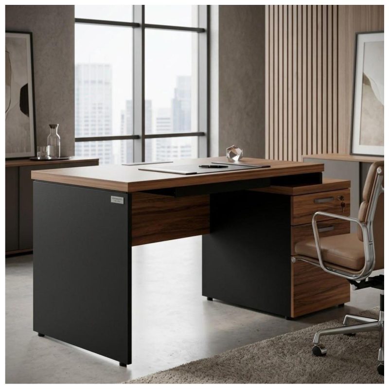 Móveis para Escritório Mesa de Escritório com Gaveteiro e Vidro Fumê 192cm | Móvel Organizador - Nogal Sevilha / Preto - 21399