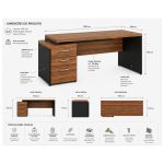 Móveis para Escritório Mesa de Escritório com Gaveteiro e Vidro Fumê 192cm | Móvel Organizador - Nogal Sevilha / Preto - 21399