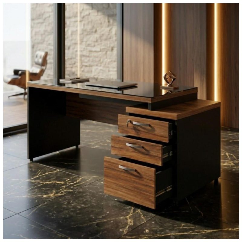Móveis para Escritório Mesa de Escritório com Gaveteiro e Vidro Fumê 192cm | Móvel Organizador - Nogal Sevilha / Preto - 21399