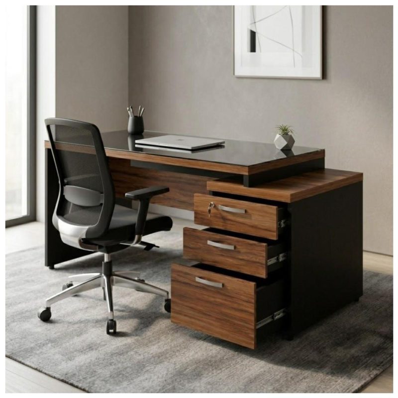 Móveis para Escritório Mesa de Escritório com Gaveteiro e Vidro Fumê 192cm | Móvel Organizador - Nogal Sevilha / Preto - 21399