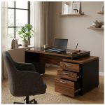 Móveis para Escritório Mesa de Escritório com Gaveteiro e Vidro Fumê 192cm | Móvel Organizador - Nogal Sevilha / Preto - 21399