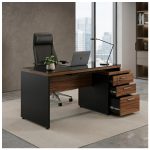 Móveis para Escritório Mesa de Escritório com Gaveteiro e Vidro Fumê 192cm | Móvel Organizador - Nogal Sevilha / Preto - 21399
