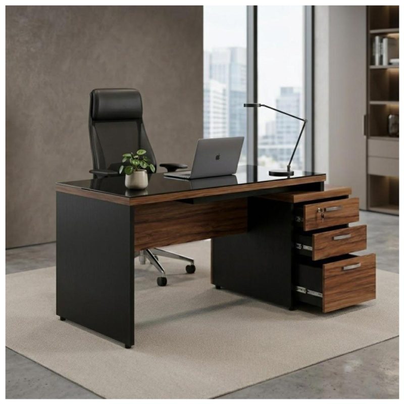 Móveis para Escritório Mesa de Escritório com Gaveteiro e Vidro Fumê 192cm | Móvel Organizador - Nogal Sevilha / Preto - 21399