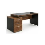 Móveis para Escritório Mesa de Escritório com Gaveteiro e Vidro Fumê 192cm | Móvel Organizador - Nogal Sevilha / Preto - 21399