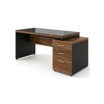 Móveis para Escritório Mesa de Escritório com Gaveteiro e Vidro Fumê 192cm | Móvel Organizador - Nogal Sevilha / Preto - 21399