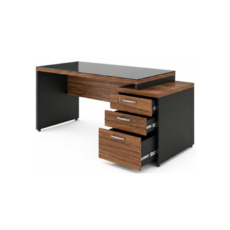 Móveis para Escritório Mesa de Escritório com Gaveteiro e Vidro Fumê 192cm | Móvel Organizador - Nogal Sevilha / Preto - 21399