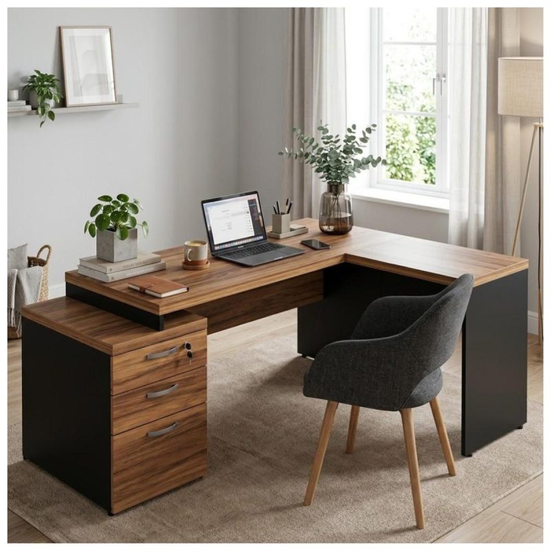 Móveis para Escritório Mesa de Escritório em L com Gaveteiro e Chave - Móvel Organizador Premium - Nogal Sevilha / Preto - 21406