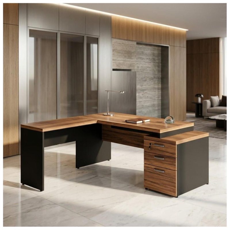 Móveis para Escritório Mesa de Escritório em L com Gaveteiro e Chave - Móvel Organizador Premium - Nogal Sevilha / Preto - 21406