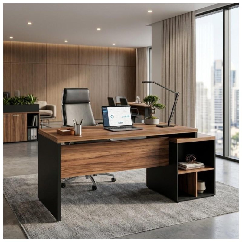 Móveis para Escritório Mesa de Escritório em L com Gaveteiro e Chave - Móvel Organizador Premium - Nogal Sevilha / Preto - 21406