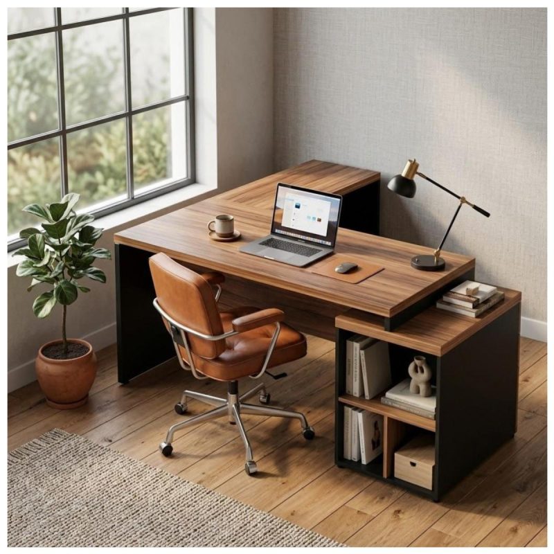 Móveis para Escritório Mesa de Escritório em L com Gaveteiro e Chave - Móvel Organizador Premium - Nogal Sevilha / Preto - 21406