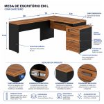 Móveis para Escritório Mesa de Escritório em L com Gaveteiro e Vidro - Móvel Organizador Premium - Nogal Sevilha / Preto - 21407