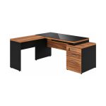 Móveis para Escritório Mesa de Escritório em L com Gaveteiro e Vidro - Móvel Organizador Premium - Nogal Sevilha / Preto - 21407