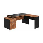 Móveis para Escritório Mesa de Escritório em L com Gaveteiro e Vidro - Móvel Organizador Premium - Nogal Sevilha / Preto - 21407