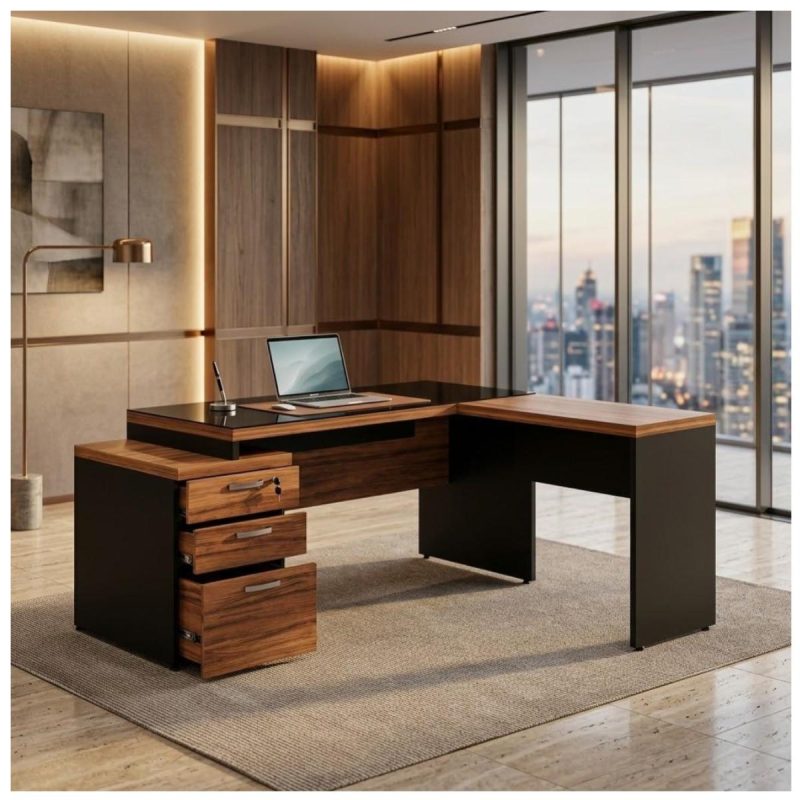 Móveis para Escritório Mesa de Escritório em L com Gaveteiro e Vidro - Móvel Organizador Premium - Nogal Sevilha / Preto - 21407