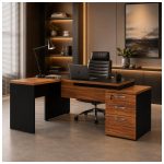 Móveis para Escritório Mesa de Escritório em L com Gaveteiro e Vidro - Móvel Organizador Premium - Nogal Sevilha / Preto - 21407