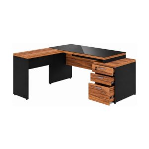 Mesa de Escritório em L com Gaveteiro e Vidro - Móvel Organizador Premium - Nogal Sevilha / Preto - 21407