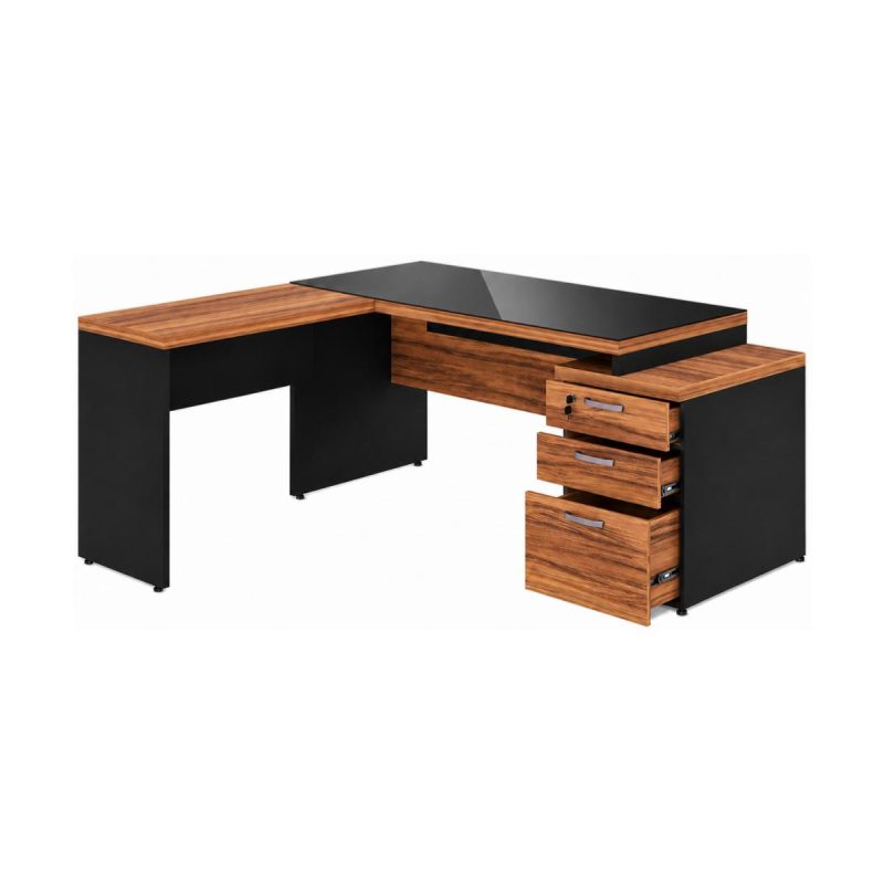 Móveis para Escritório Mesa de Escritório em L com Gaveteiro e Vidro - Móvel Organizador Premium - Nogal Sevilha / Preto - 21407