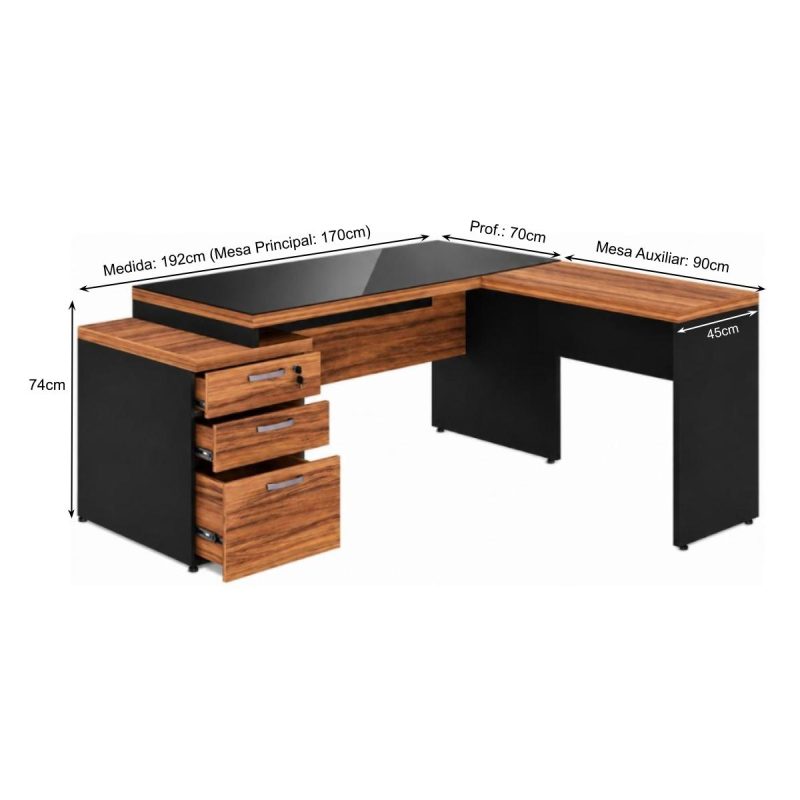 Móveis para Escritório Mesa de Escritório em L com Gaveteiro e Vidro - Móvel Organizador Premium - Nogal Sevilha / Preto - 21407